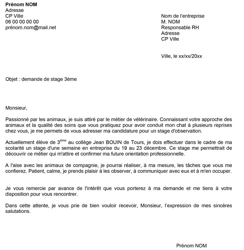 exemple lettre de motivation stage 3eme veterinaire